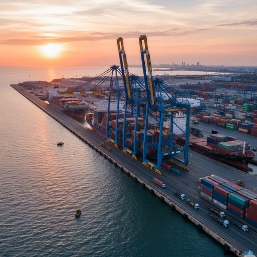A wharf running parallel to the shore with cranes or trucks loading cargo - (Basic Port and Harbor Terms You Should Know)