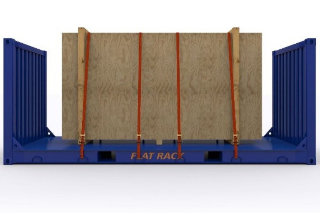 A flat rack container with collapsible sides, ideal for carrying heavy or oversized equipment.