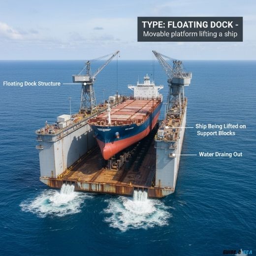 floating dock: a movable platform lifting a ship. (Basic Port and Harbor Terms You Should Know)