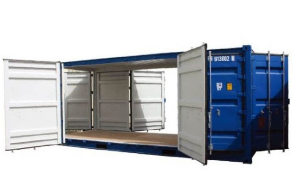 An open side container with full side access, useful for wide or long cargo