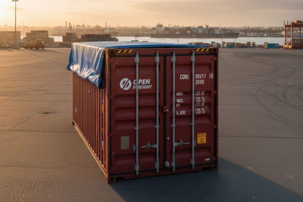 An open-top container allows easy loading of oversized cargo such as machinery or logs.