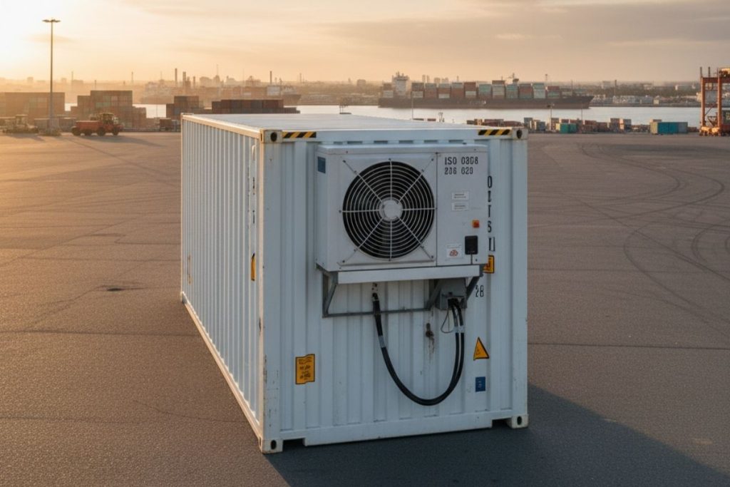 A refrigerated container keeps perishable goods like fruits and medicines at controlled temperatures.