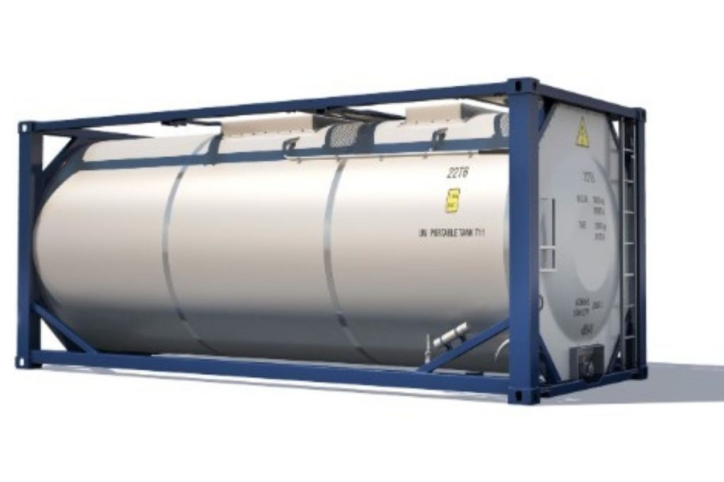 A tank container specially built to transport liquids, chemicals, or food-grade products.