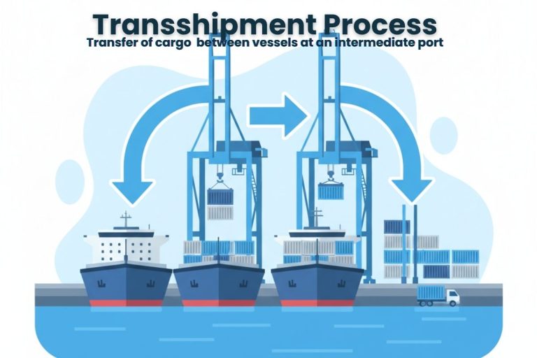 Transshipment process- transfer of cargo between at an intermediate port