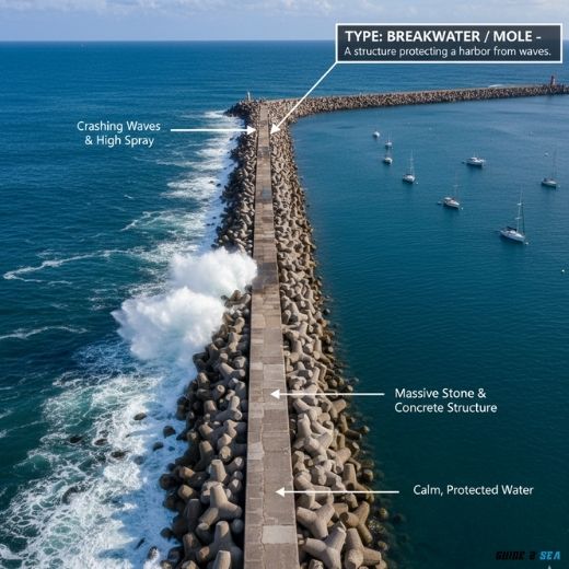 _structure made of large rocks or concrete blocks protecting a harbor from waves. - (Basic Port and Harbor Terms You Should Know)
