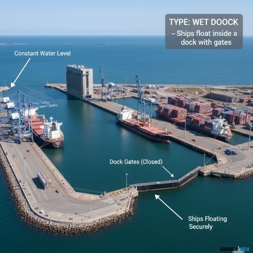 wet dock: ships floating inside a dock with gates. (Basic Port and Harbor Terms You Should Know)