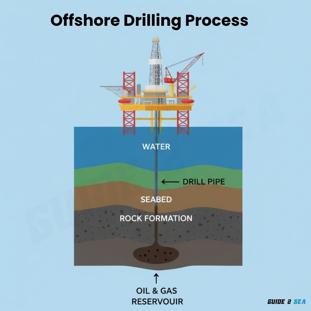 A simple illustration of how offshore drilling works, from the rig to the oil reservoir