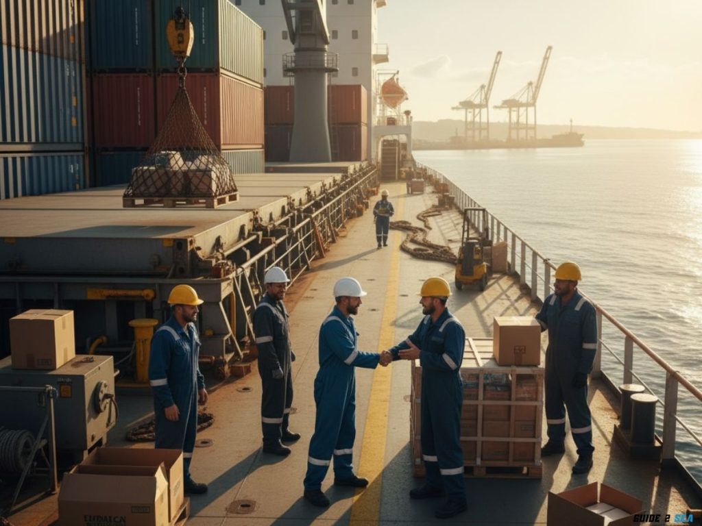 Husbandry agent delivering provisions and spare parts to ship crew on deck, with crew receiving supplies, realistic ship deck environment.