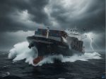 image of a cargo ship facing a hurricane at sea, large waves, dark storm clouds, strong winds, rain