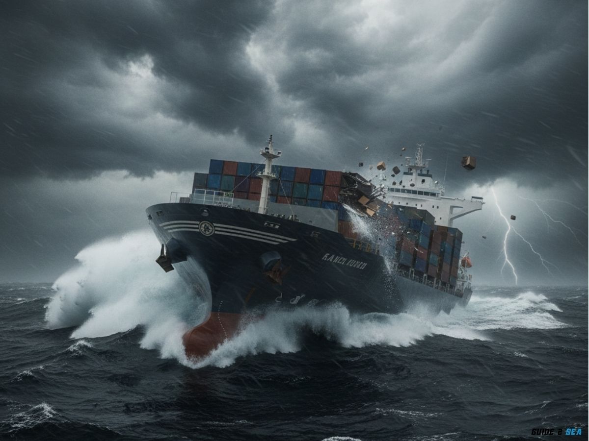 image of a cargo ship facing a hurricane at sea, large waves, dark storm clouds, strong winds, rain